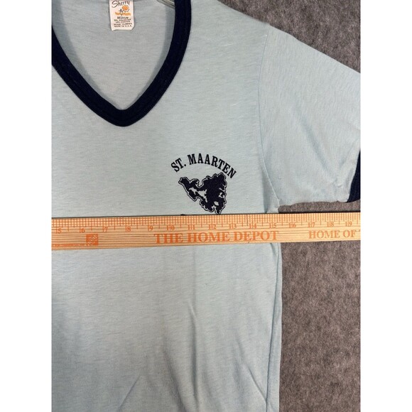 Vintage ST MAARTEN T-Shirt Medium Blue Ringer Retro 80s Single Stitch Black - Picture 5 of 6
